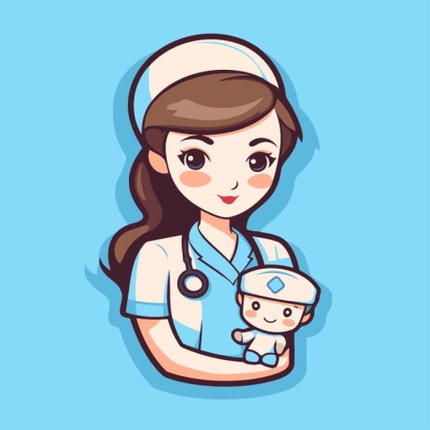 Nurse with baby. Cartoon character for your design. Vector illus