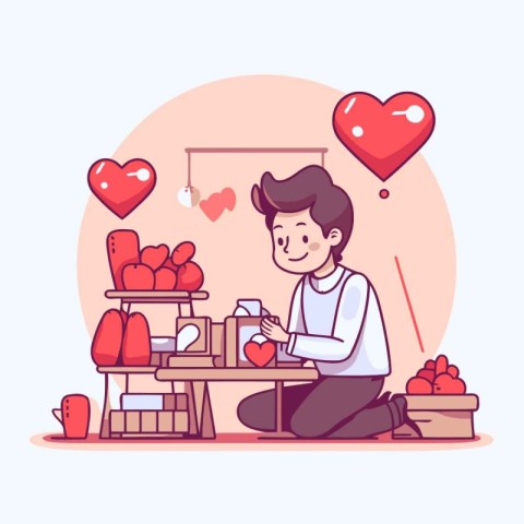 Valentine's day vector illustration. Young man sitting in front