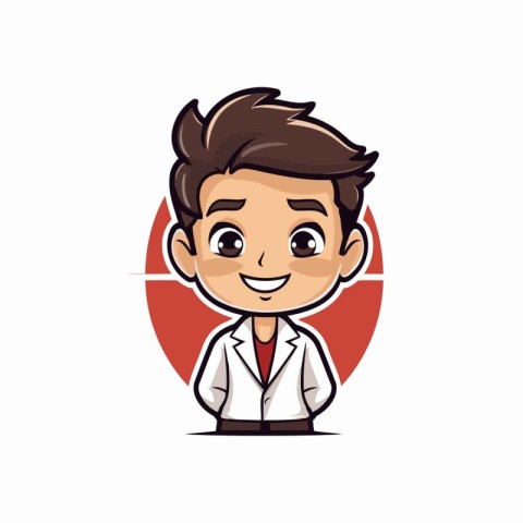 Vector illustration of a cute cartoon boy in a lab coat smiling.