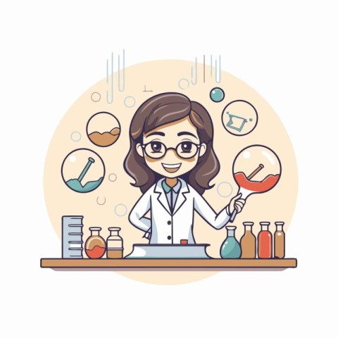 Cartoon scientist woman working in laboratory. Vector illustrati