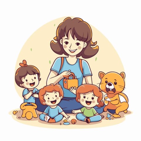 Mother and children playing with toys. Vector illustration in ca