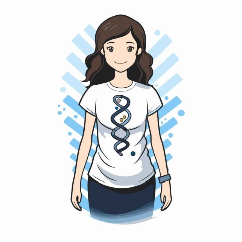 Illustration of a woman wearing a white T-shirt with a caduceus.