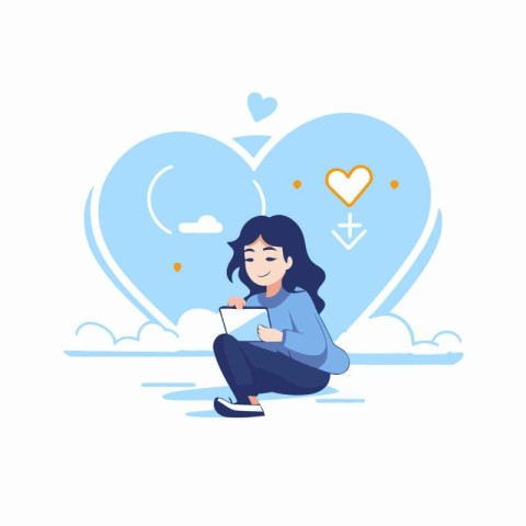 Vector illustration of a girl sitting on the floor with a notebo