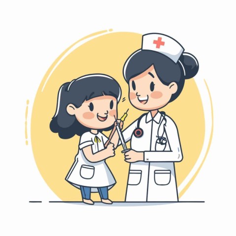 Nurse and little girl in medical uniform. Cartoon vector illustr