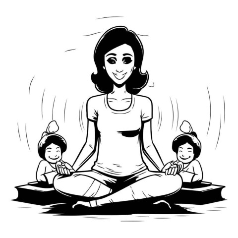 Mother and her children sitting in lotus position. Vector illust