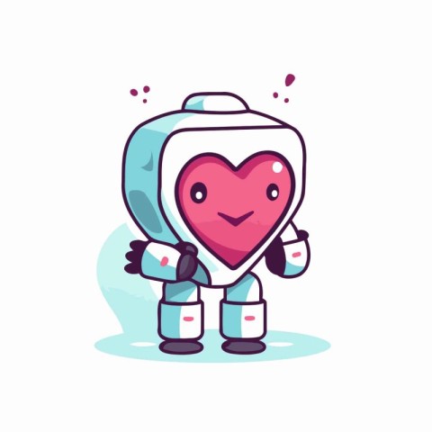 Cute robot holding heart in hand. Vector flat cartoon character