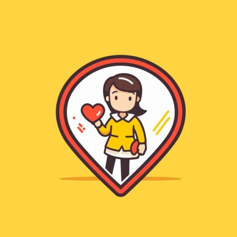 Woman holding a red heart in a map pointer. Vector illustration.