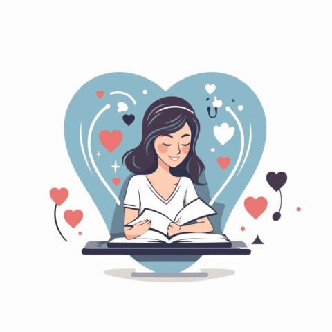 Vector illustration of a girl reading a book in the shape of a h