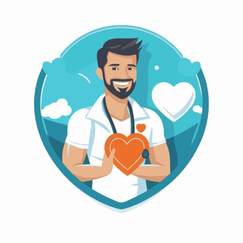 Handsome male doctor holding heart in hands. Vector illustration