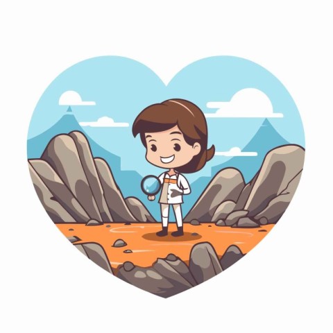 Boy with magnifying glass in the shape of heart. Vector illustra