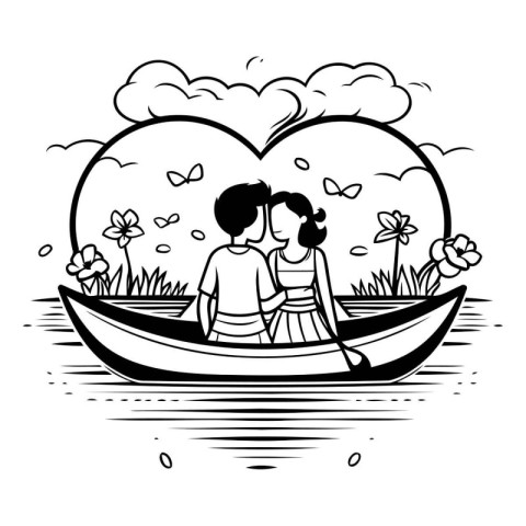 couple in boat in lake with heart and flowers vector illustratio