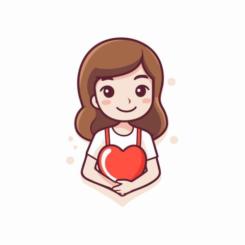 Cute girl holding a red heart. Vector illustration in cartoon st