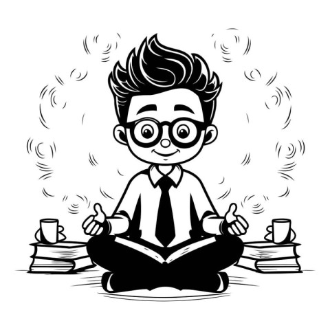 Businessman meditating in lotus position. black and white vector