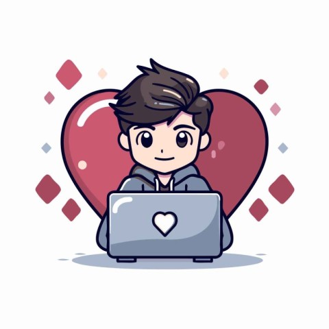 Boy with laptop and heart icon. Social media and digital marketi