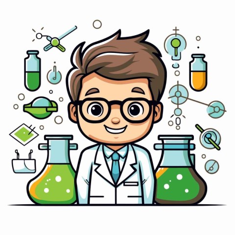 Scientist boy in glasses with chemical test tubes. Vector illust