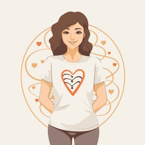 Young woman with heart on her chest. Vector illustration in cart