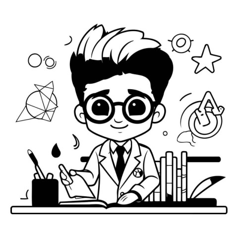 Vector illustration of a boy in a lab coat and glasses writing i