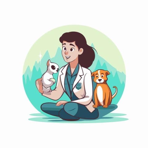 Veterinarian with dog and cat. Vector illustration in cartoon st