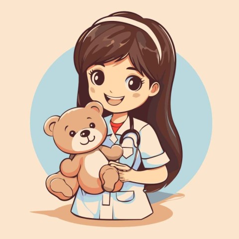 Cute little girl playing doctor with teddy bear. Vector illustra