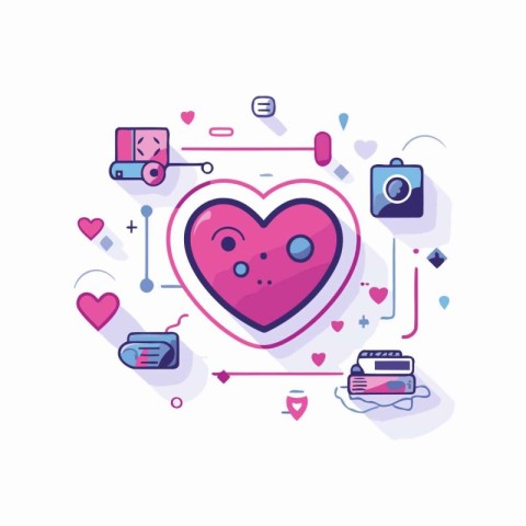 Valentine's day vector illustration with pink heart and icons on