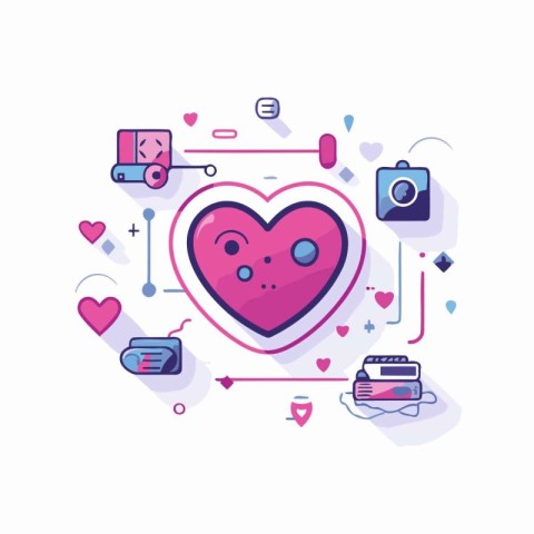 Valentine's day vector illustration with pink heart and icons on