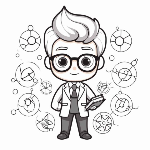 Scientist boy with science doodle cartoon vector illustration gr
