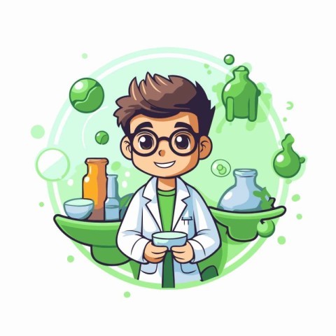 Cartoon scientist in lab coat and glasses holding flask. Vector