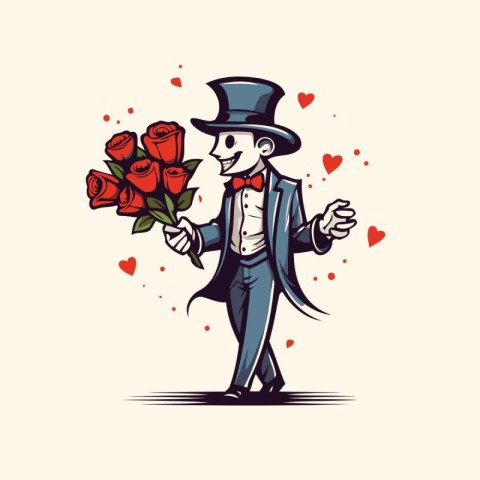 Gentleman with a bouquet of red roses. Vector illustration.