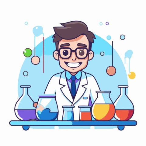 Scientist man working in laboratory. Vector illustration in cart