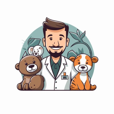 Veterinarian cartoon character with dogs and cats vector illustr