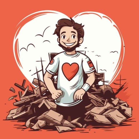 Vector illustration of a man in a red t-shirt with a heart in hi