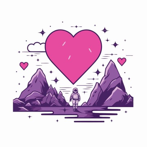 Cute girl with heart and mountains. Valentines day vector illust