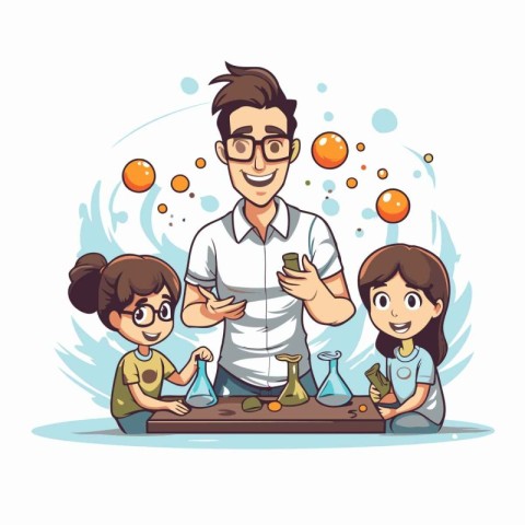 Scientist and children in laboratory. Vector illustration in car