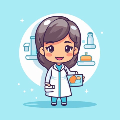 Cartoon girl doctor holding medicine and healthcare equipment. V