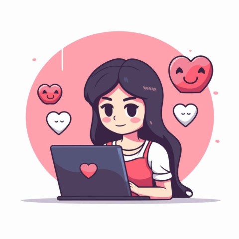 Cute girl with laptop and hearts. Vector illustration in cartoon