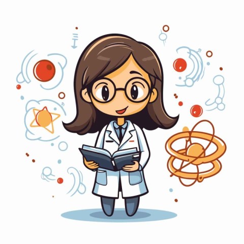 Cartoon girl scientist holding a book. Science and education con