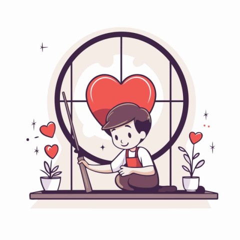 Boy with a laptop and a heart in the window. vector illustration