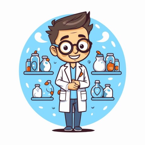 Cartoon boy scientist in lab coat and glasses. Vector illustrati