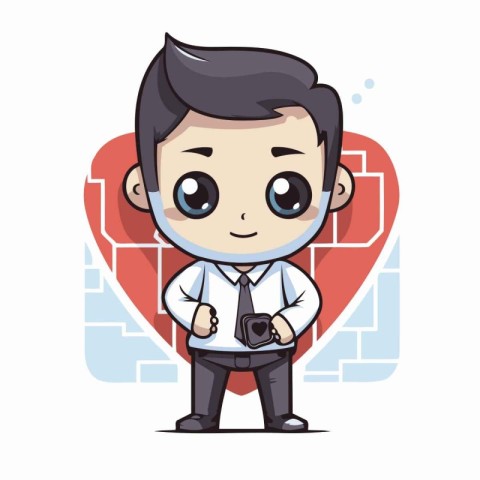 cute boy with camera and heart on white background. vector illus