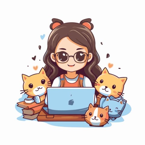 Cute little girl working on laptop with kittens. Vector illustra