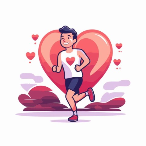 Man running in heart shape. Vector illustration in flat cartoon