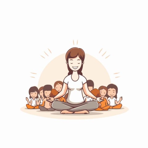 Pregnant woman meditating with her family. Vector illustration.