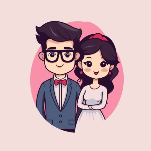 Cute cartoon bride and groom on pink background. Vector illustra