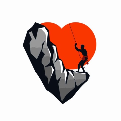 Man climbing on a rock with a red heart. Vector illustration.