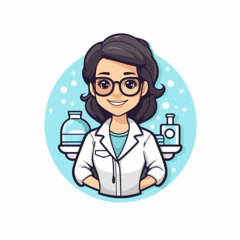 Scientist woman cartoon character in round icon. Vector illustra