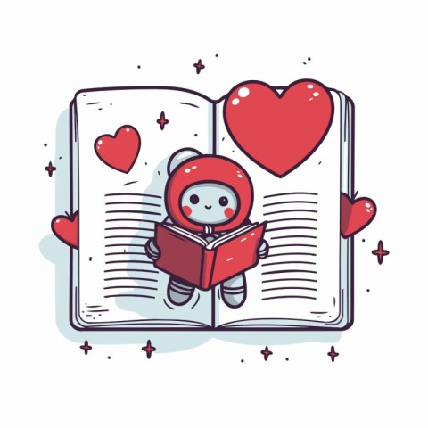 Illustration of a cute boy reading a book with hearts around.