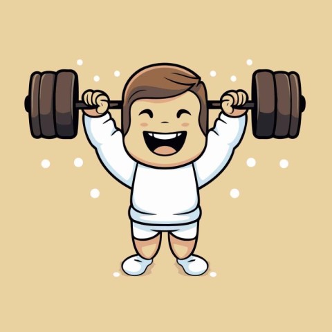 Illustration of a Little Boy Lifting a Barbell and Smiling