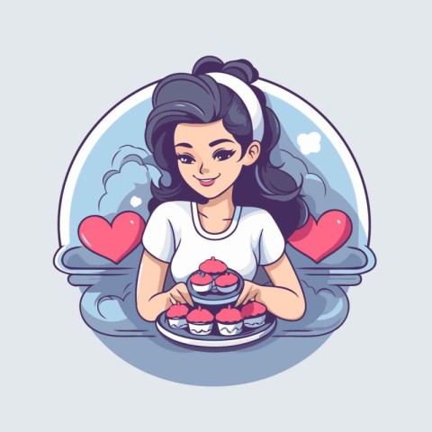 Cute girl with cupcakes. Vector illustration in cartoon style.