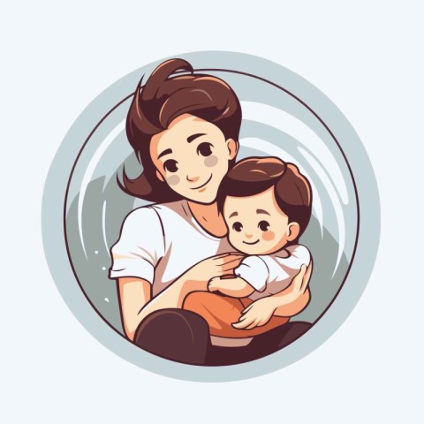 Mother and baby in round frame. Vector illustration of a happy f