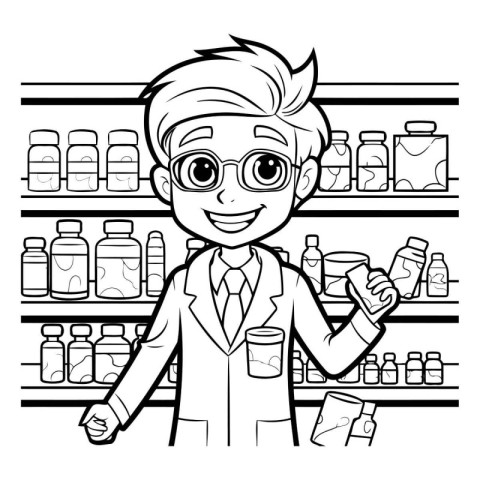 Black and white illustration of a boy pharmacist standing in a d